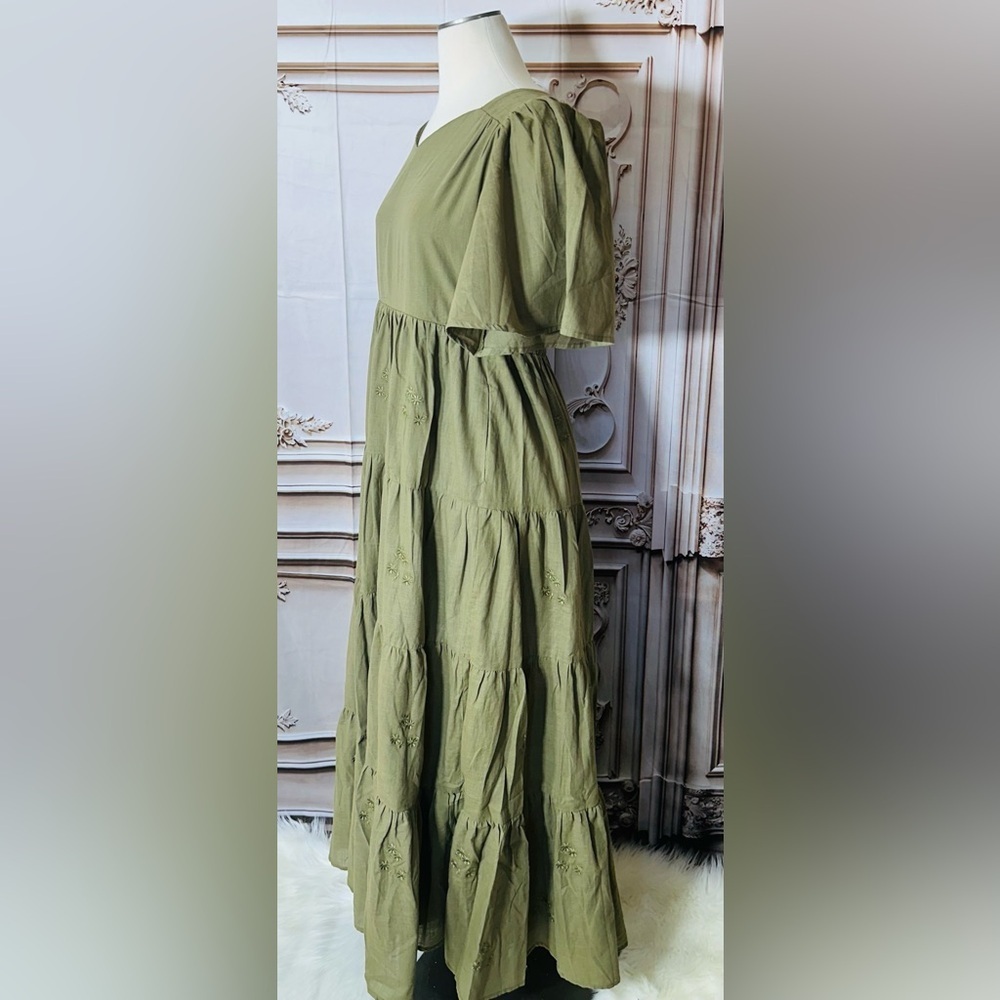 Olive Tiered V-Neck Maxi Dress with Flutter Sleeves - Picture 7 of 8